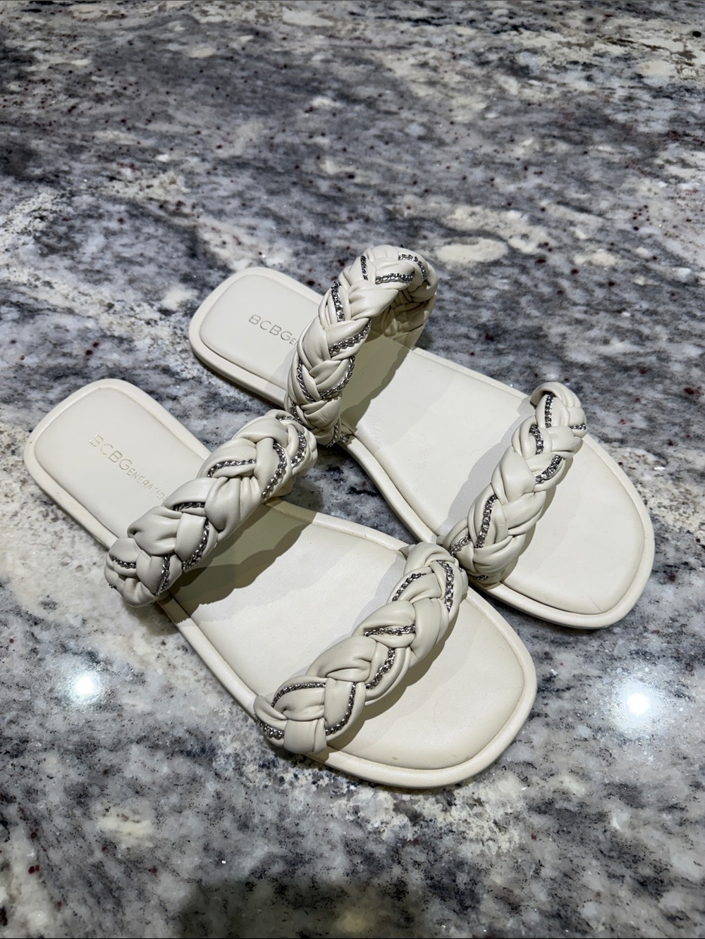 BCBG Cream Braided Double-Strap Slide Sandals